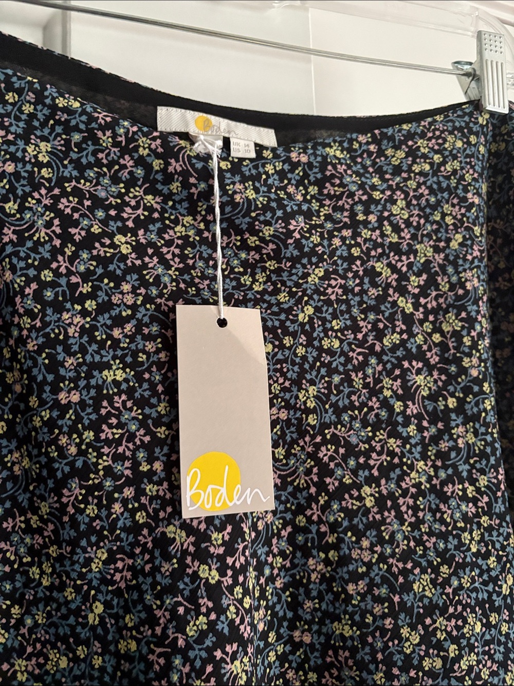 NWT Boden Black Skirt with Pink, Blue & lightgree/Yellow Floral Print